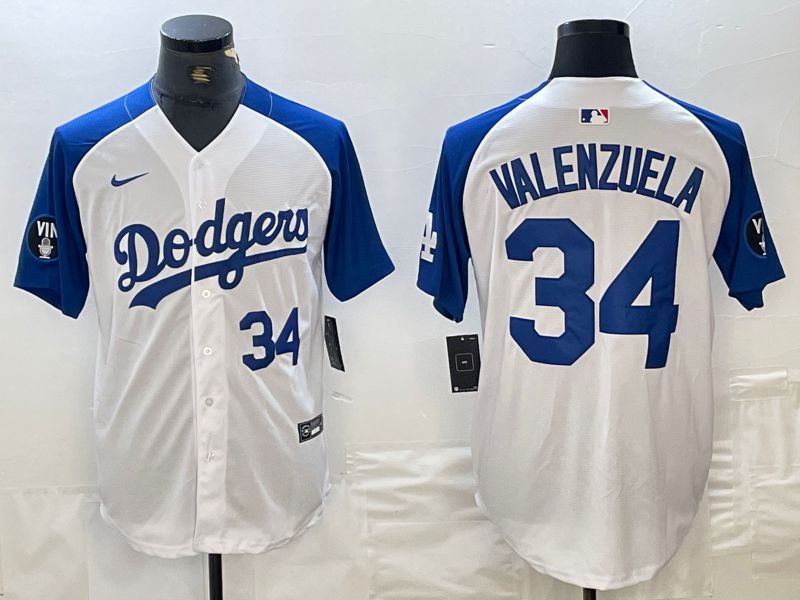 Men Los Angeles Dodgers 34 Valenzuela White blue Fashion Nike Game MLB Jersey style 3